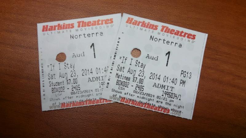 Two tickets purchased to go see a showing of If I Stay.