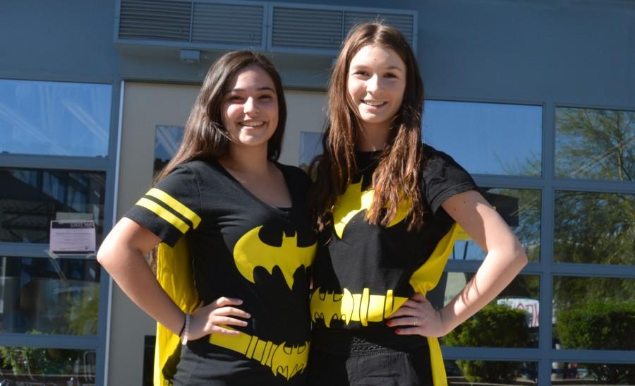 Sophomores+Angelica+Aurelius+and+Rebecca+Armentrout+dress+up+in+Batman+shirts+to+represent+the+good+side+of+OHS.