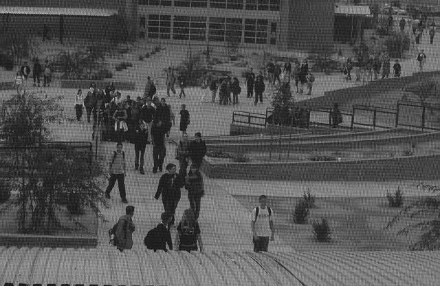 The first class of students to walk the OHS campus enjoy a cloudy morning.