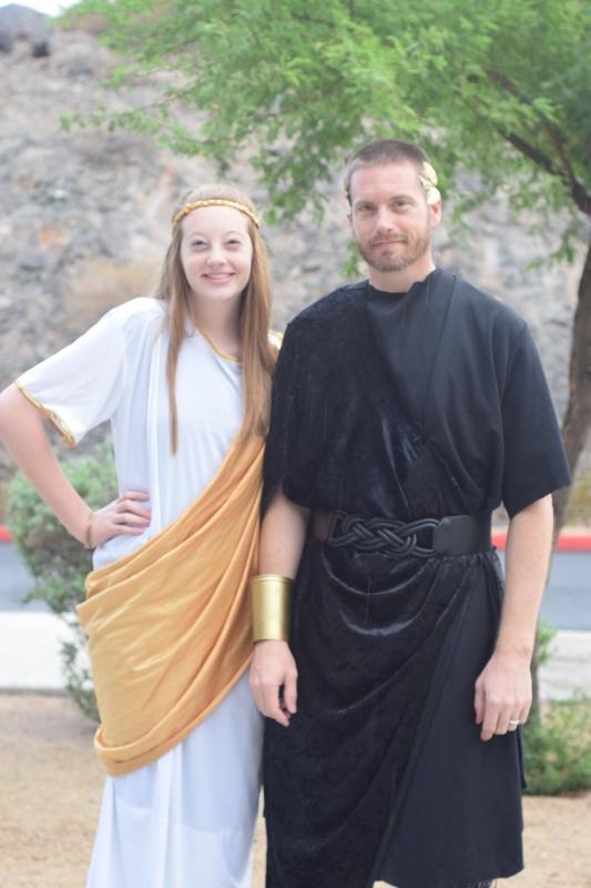 Josephine Russell, freshman and Kyle Russell Spanish 1-2 teacher show off their togas.