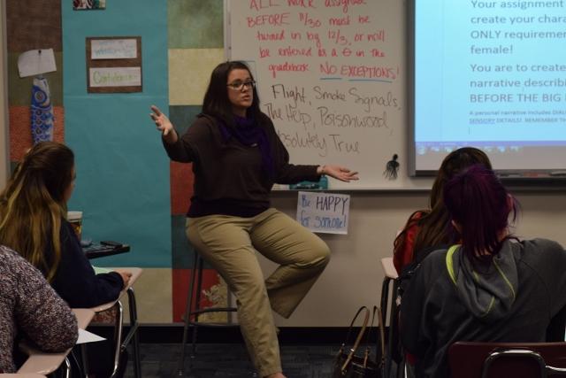 Katherine Huntington excitedly teaches her second hour Language Arts class. 