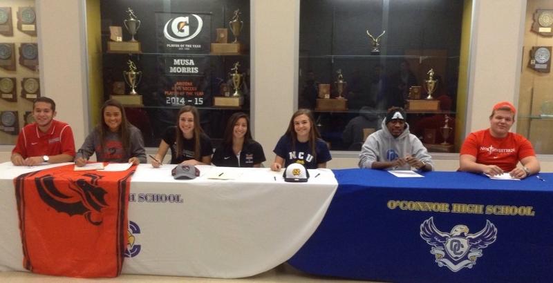 Left to Right: Andrew Archuleta, Kennedy Rodgers, Alyssa Stephenson ,Marisa Ortiz, Alexis Jeambey ,Jamal Jennings and Grahm Kenobbie sign their National Letters of Intent