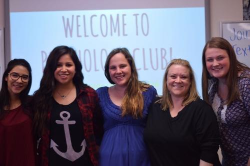 Students Andrea Nunez Serna, Alicia Salas, Klaire Saboe and Ally Jerusal pose with club sponsor  Kyla Morrissey at the clubs first meeting in room 705.