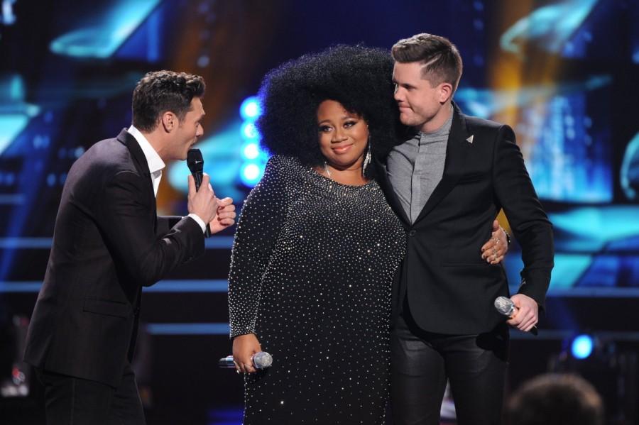 Ryan Seacrest stands with the final 2 contestants of American Idols farewell season, Trent Harmon and LaPorsha Renae. Photo courtesy of FOX.