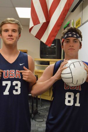 TJ Connaker, junior, and Nick Conger, junior, dress up as basketball players to show their peers what they would like to be when they are older and see how much they have grown in basketball. 