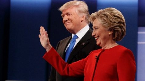 Donald Trump, Republican candidate, and Hillary Clinton, Democratic candidate, stand together after the first debate at Hofstra University, New York.