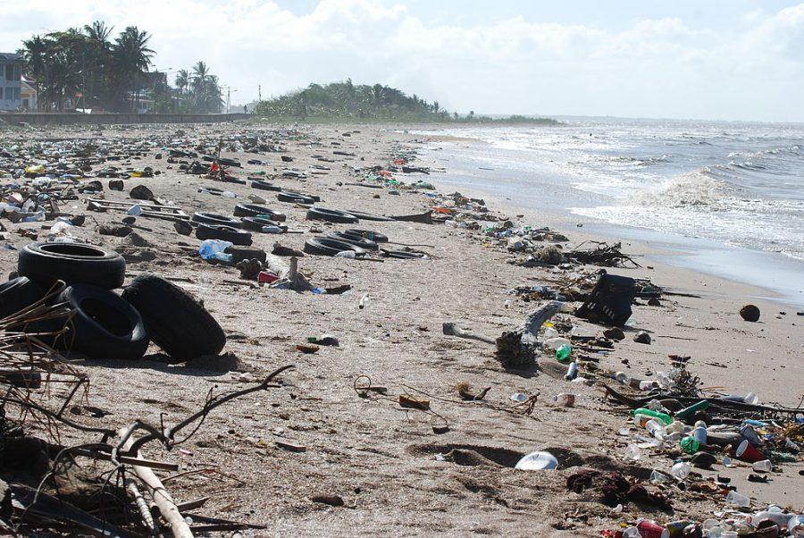 Garbage and debris pollutes the water as it accumulates off of the coast of Guyana