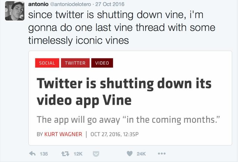 Reactions on Twitter to the news that Vine is shutting down