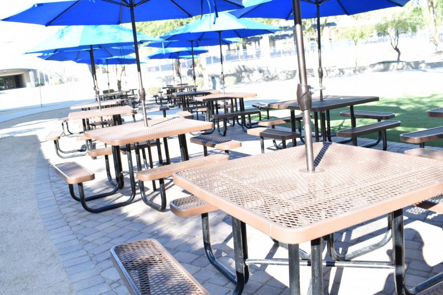 New picnic tables put out in the middle of campus.