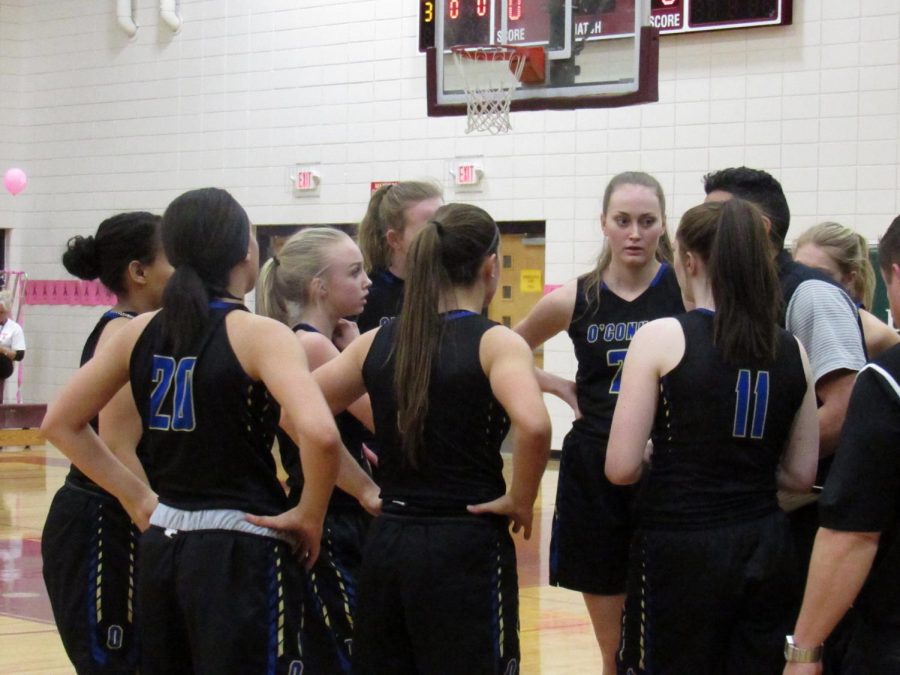 During the game against Mountain Ridge on Dec 12 the girls huddled together to discuss the game plan with their coach.