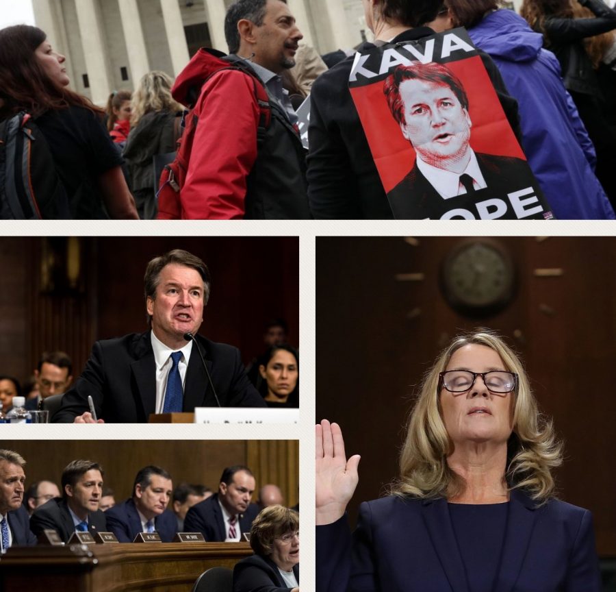 From top to bottom:  Protestors outside the Capitol building voice their disdain; then-Judge Kavanaugh speaks during his hearing; Christine Blasey Ford is sworn in during her hearing; US senators listen during the Senate hearing. 