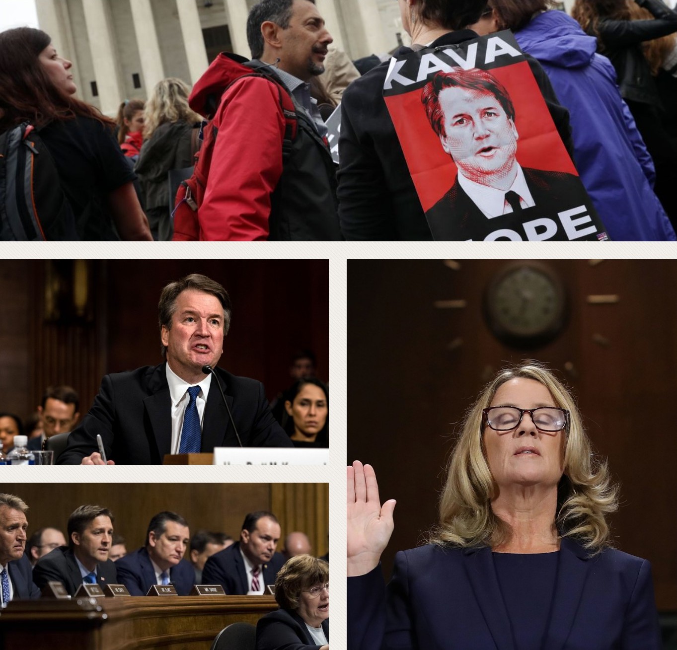 From top to bottom: Protestors outside the Capitol building voice their disdain; then-Judge Kavanaugh speaks during his hearing; Christine Blasey Ford is sworn in during her hearing; US senators listen during the Senate hearing.