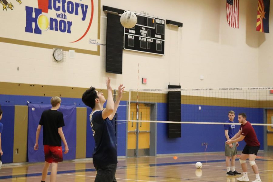 Diego Guillen. senior, looks to serve the ball at practice on February 27th.