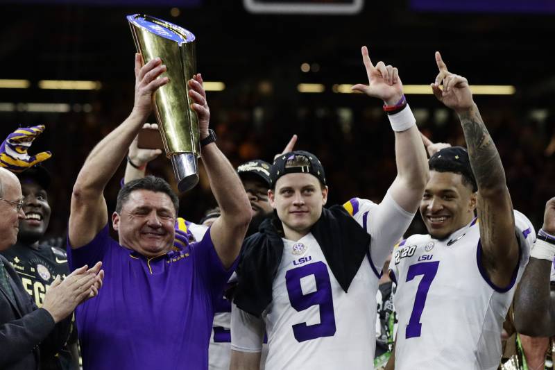 The LSU Tigers celebrate winning the 2020 national championship.