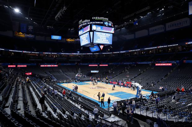 Fans leave the Chesapeake Energy Arena on March 11th after the game between the Oklahoma City Thunder and Utah Jazz was postponed due to coronavirus.