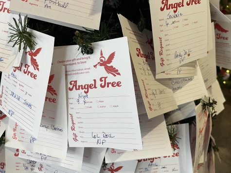 Angel Tree cards fill up a Christmas tree at local coffee shop, Elevate.