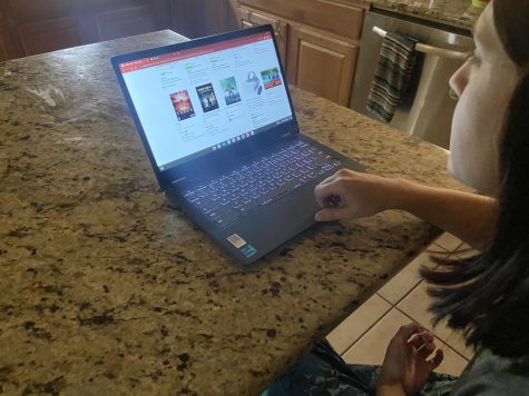 Student at OHS scrolling through an online shopping platform.