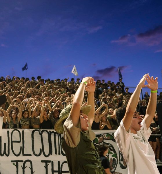 STUGO members Eli Correa, senior, and Preston Delly, sophmore, lead The Nest in a cheer.