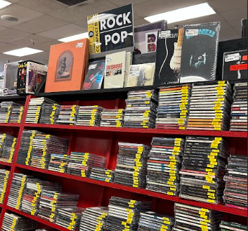 CDs and vinyls displayed at Zia Records. 