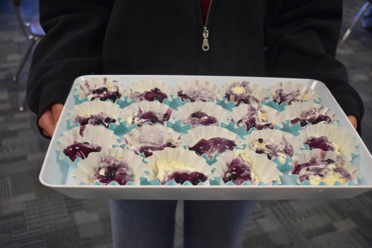 Blueberry cake, or smoosh, being served in Bundt cake liners for a fun and easy treat.